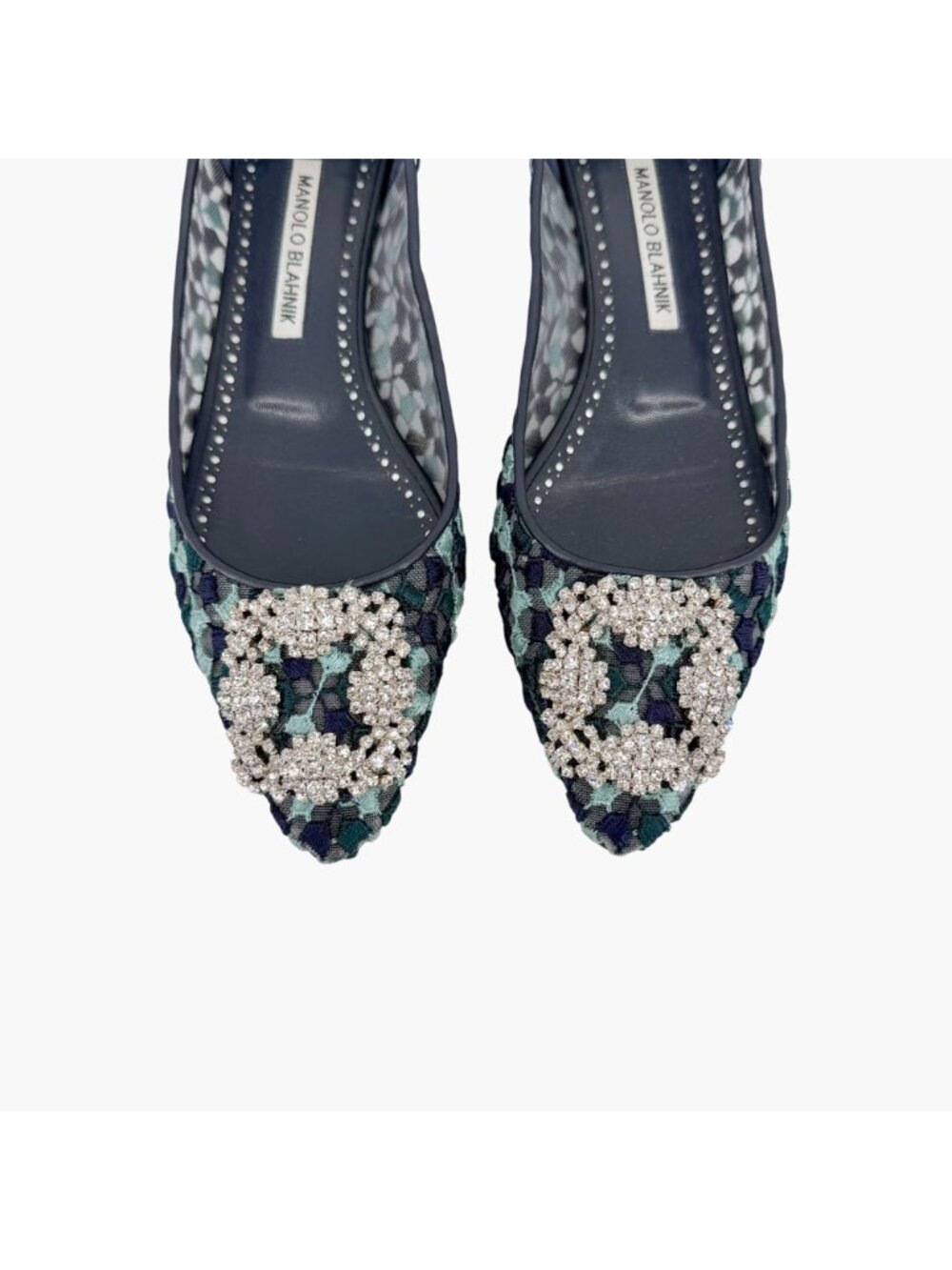 Manolo Blahnik Hangisi Ballet Flats Blue Lace Size 37.5 US 7.5 Crystal Pointed - Picture 4 of 15